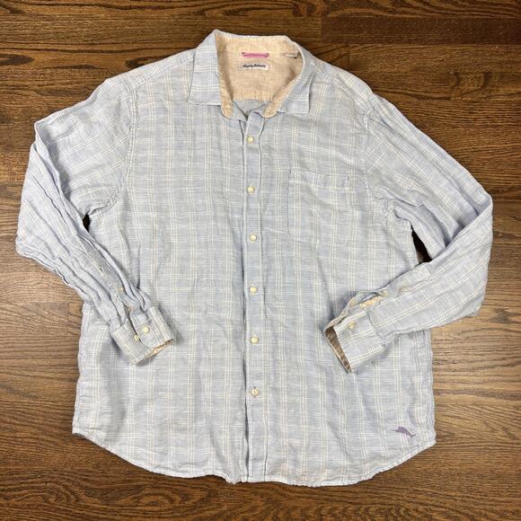 Tommy Bahama Shirt Mens 2XL Light Blue Linen Plaid Long Sleeve Button Front - Picture 1 of 9